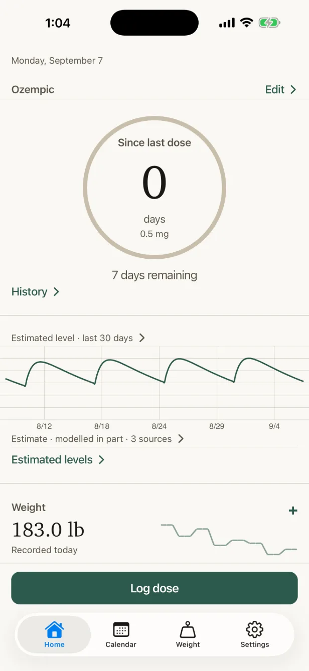 Plainlog's home screen for a weekly injectable, showing the next dose and days remaining.
