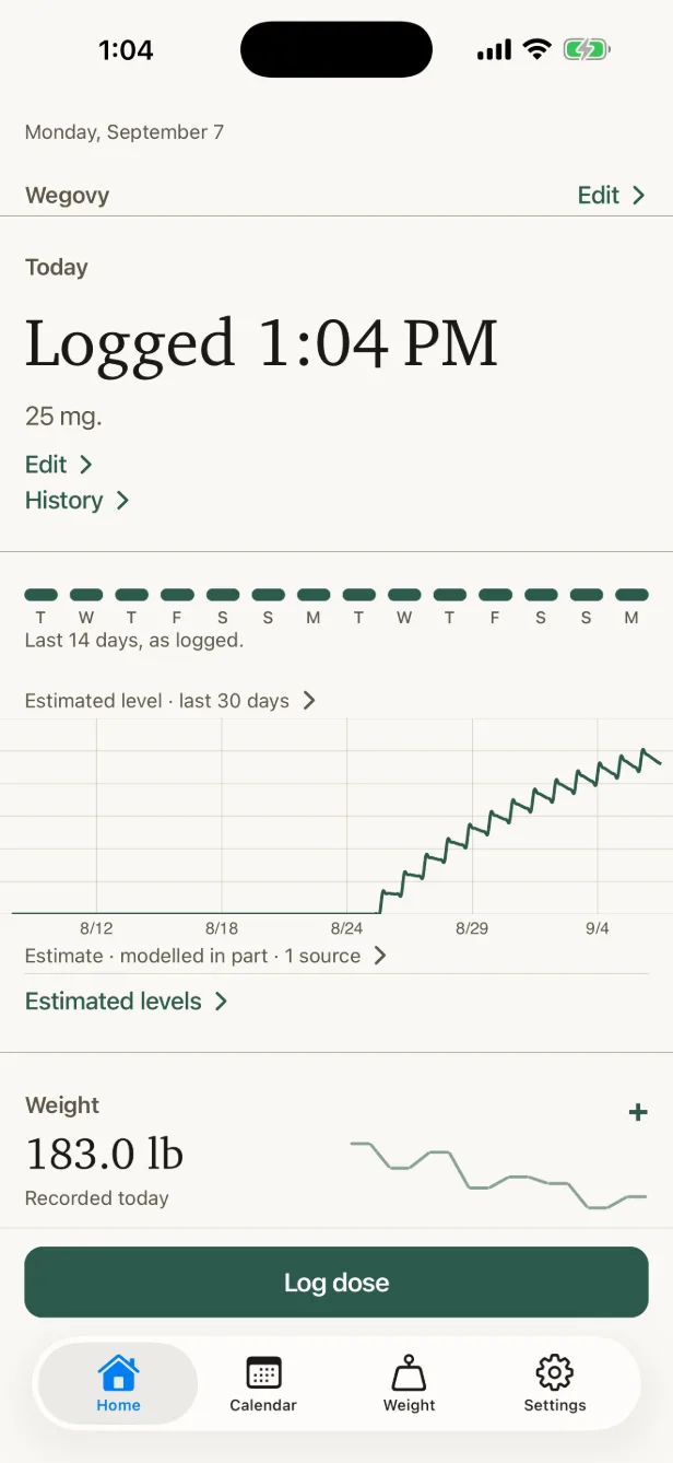 Plainlog's Today screen for a daily tablet, showing today's dose logged.